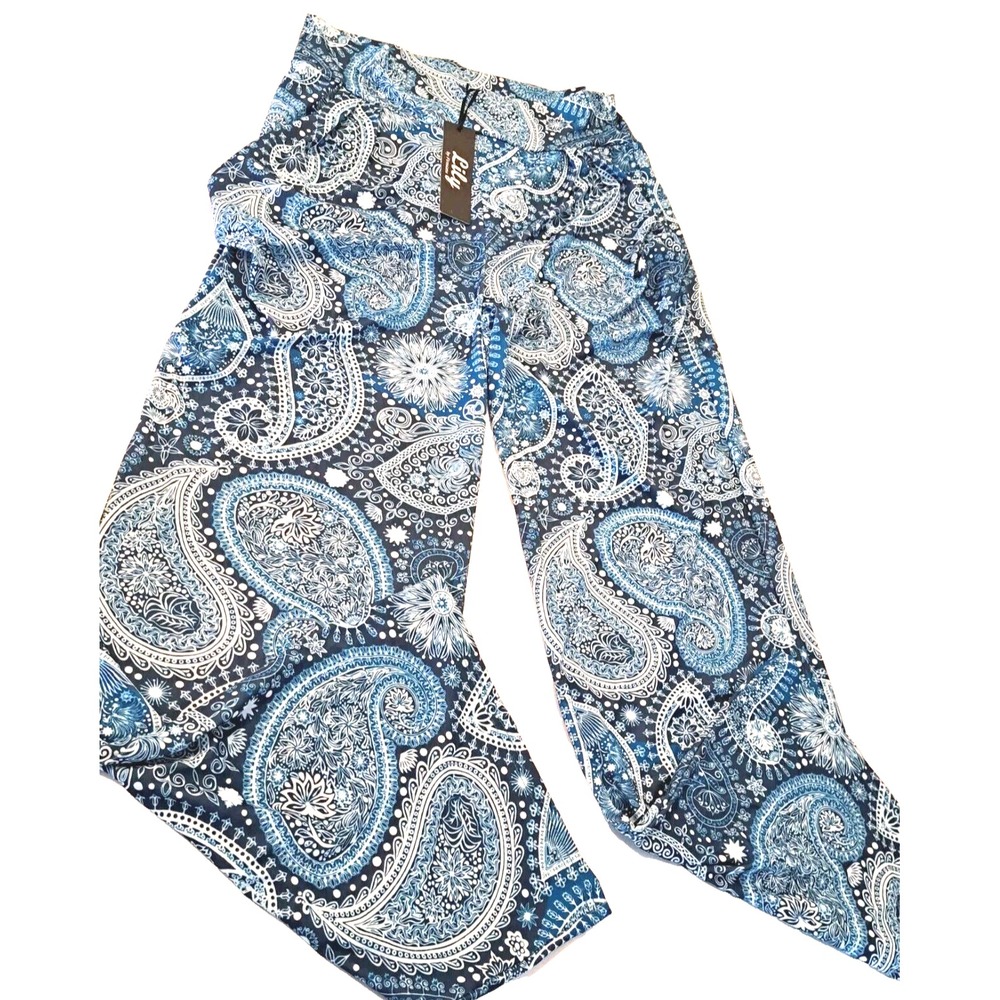 White Cross Blue Paisley Wide-Leg Trousers